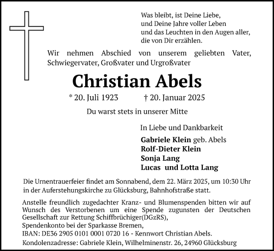 Traueranzeige von Christian Abels von Flensburger Tageblatt