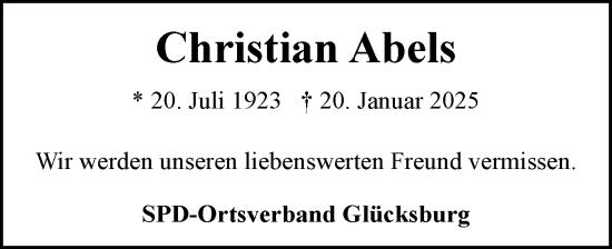 Traueranzeige von Christian Abels von Flensburger Tageblatt