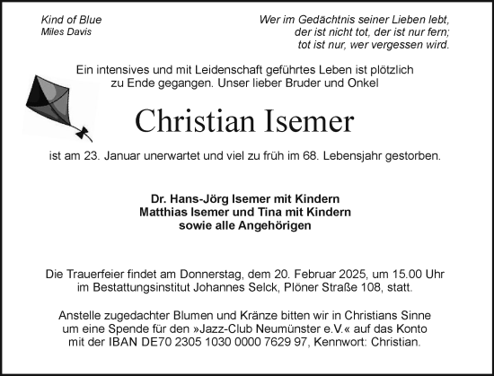 Traueranzeige von Christian Isemer von Holsteinischer Courier