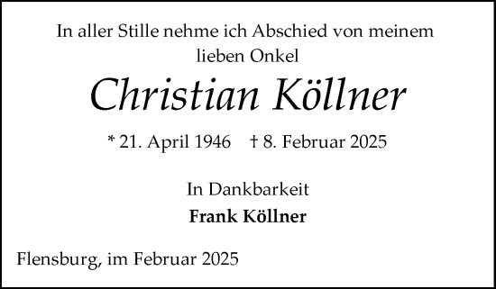 Traueranzeige von Christian Köllner von Flensburger Tageblatt