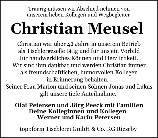 Traueranzeige von Christian Meusel von Eckernförder Zeitung, Hallo Eckernförde