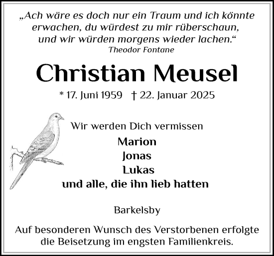 Traueranzeige von Christian Meusel von Eckernförder Zeitung, Hallo Eckernförde