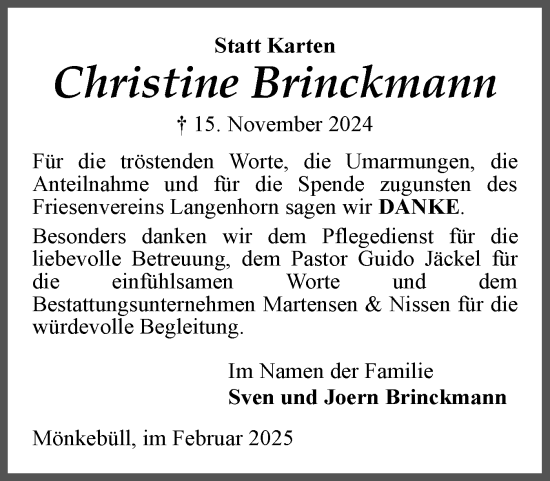 Traueranzeige von Christine Brinckmann von Husumer Nachrichten, Nordfriesland Tageblatt
