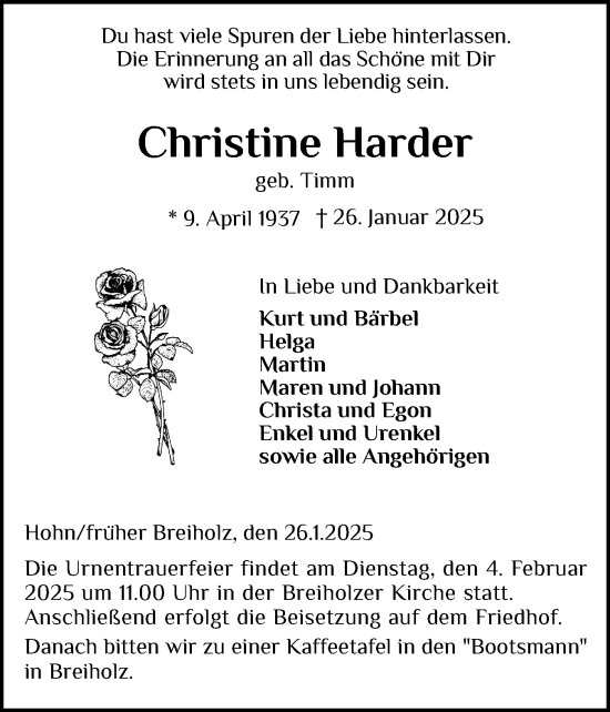 Traueranzeige von Christine Harder von Schleswig-Holsteinische Landeszeitung