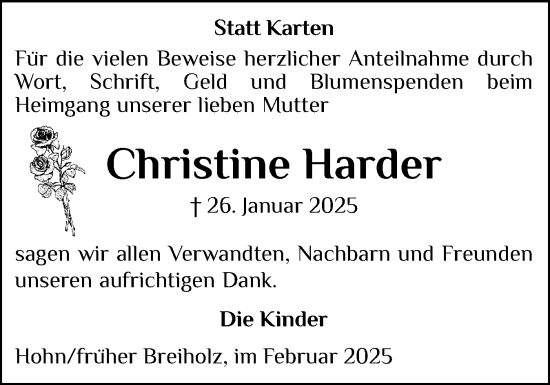 Traueranzeige von Christine Harder von Schleswig-Holsteinische Landeszeitung