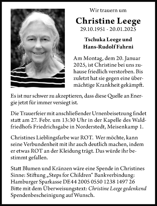Traueranzeige von Christine Leege von Heimatspiegel