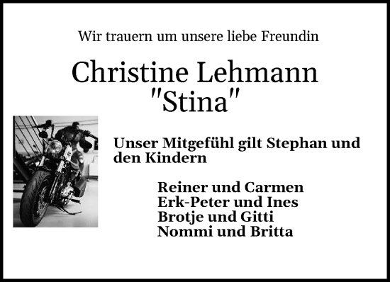 Traueranzeige von Christine Lehmann von Flensburger Tageblatt