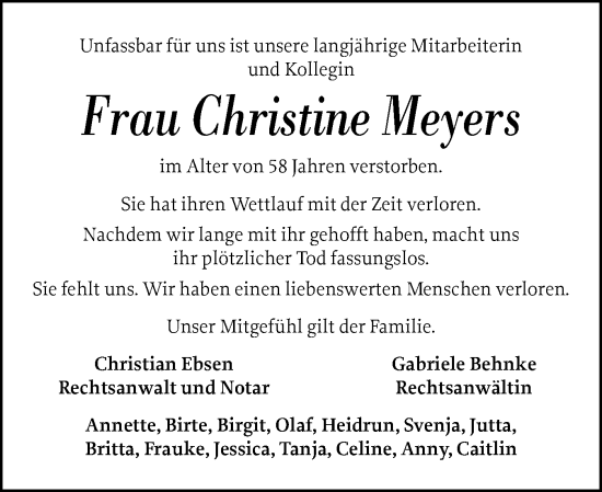 Traueranzeige von Christine Meyers von Norddeutsche Rundschau, Wilstersche Zeitung, Glückstädter Fortuna