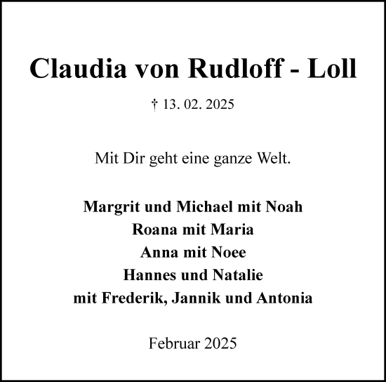 Traueranzeige von Claudia von Rudloff-Loll von Eckernförder Zeitung, Hallo Eckernförde