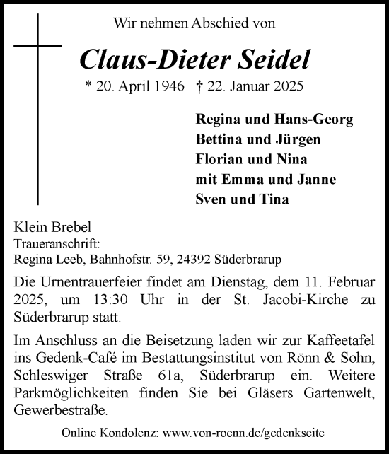 Traueranzeige von Claus-Dieter Seidel von Schleswiger Nachrichten, Schlei-Bote