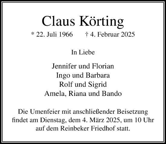 Traueranzeige von Claus Körting von MARKT Glinde/Reinfeld