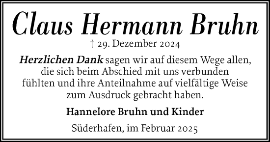 Traueranzeige von Claus Hermann Bruhn von Husumer Nachrichten, Nordfriesland Tageblatt