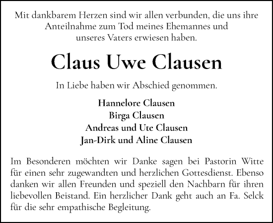 Traueranzeige von Claus Uwe Clausen von Holsteinischer Courier
