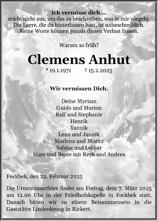 Traueranzeige von Clemens Anhut von Schleswig-Holsteinische Landeszeitung