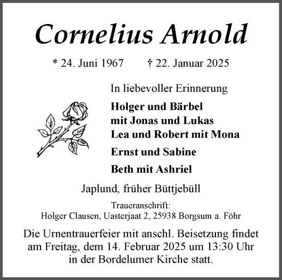 Traueranzeige von Cornelius Arnold von Husumer Nachrichten, Nordfriesland Tageblatt