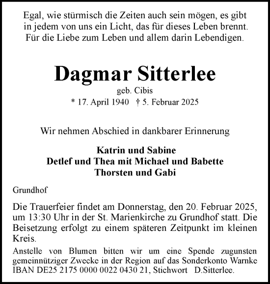 Traueranzeige von Dagmar Sitterlee von Flensburger Tageblatt