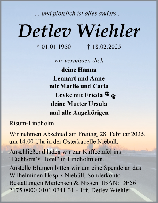 Traueranzeige von Detlev Wiehler von Elmshorner Nachrichten, Barmstedter Zeitung