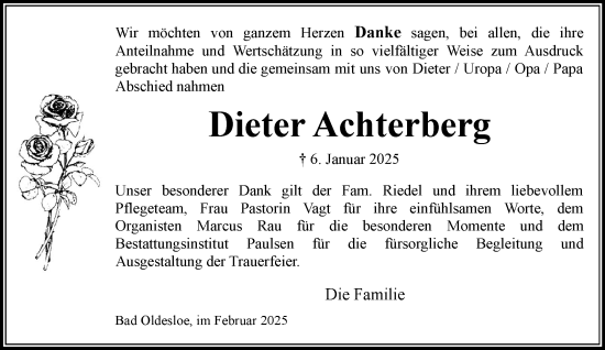 Traueranzeige von Dieter Achterberg von MARKT Bad Oldesloe/Reinfeld und Stormarner Tageblatt