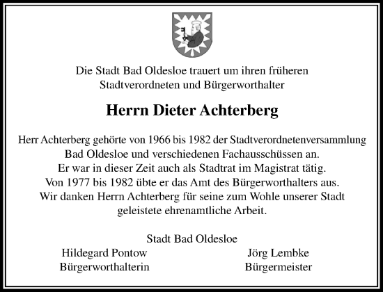 Traueranzeige von Dieter Achterberg von MARKT Bad Oldesloe/Reinfeld und Stormarner Tageblatt