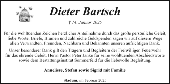 Traueranzeige von Dieter Bartsch von Husumer Nachrichten, Nordfriesland Tageblatt