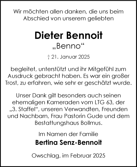 Traueranzeige von Dieter Bennoit von Schleswig-Holsteinische Landeszeitung