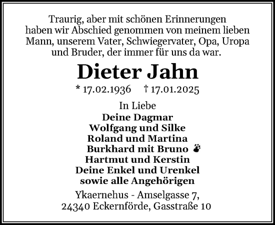 Traueranzeige von Dieter Jahn von Eckernförder Zeitung, Hallo Eckernförde