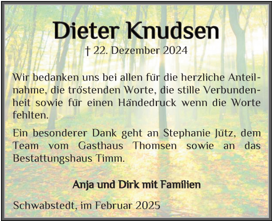 Traueranzeige von Dieter Knudsen von Region Flensburg
