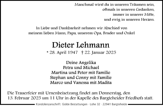 Traueranzeige von Dieter Lehmann von MARKT Ahrensburg/Bargteheide/Trittau und Stormarner Tageblatt