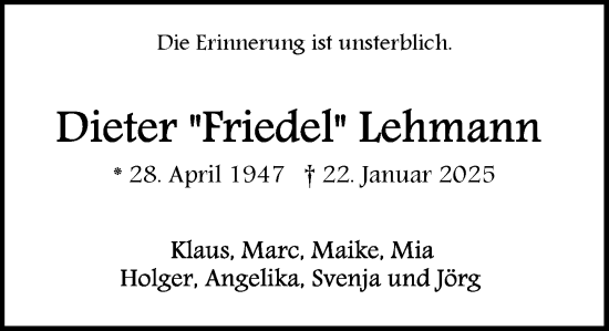 Traueranzeige von Dieter Lehmann von MARKT Ahrensburg/Bargteheide/Trittau und Stormarner Tageblatt