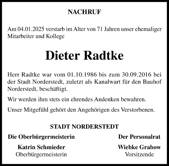 Traueranzeige von Dieter Radtke von Heimatspiegel