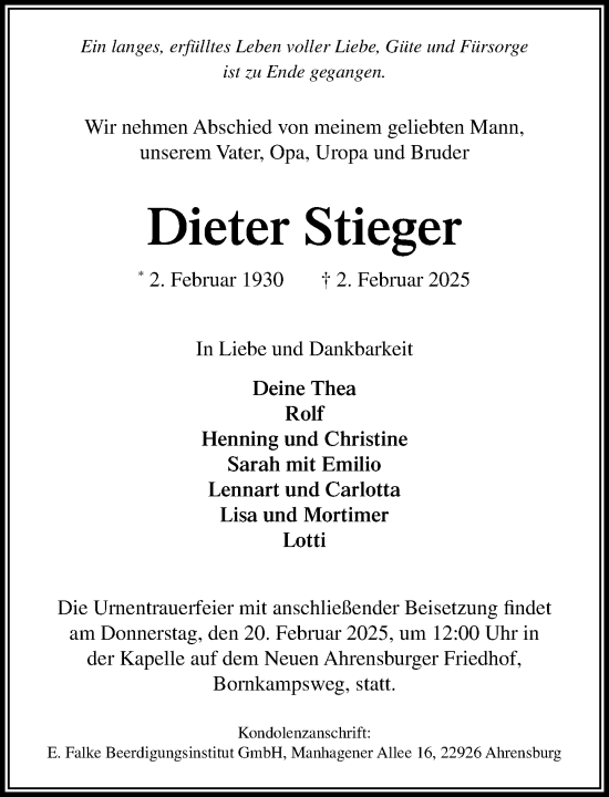 Traueranzeige von Dieter Stieger von MARKT Ahrensburg/Bargteheide/Trittau und Stormarner Tageblatt