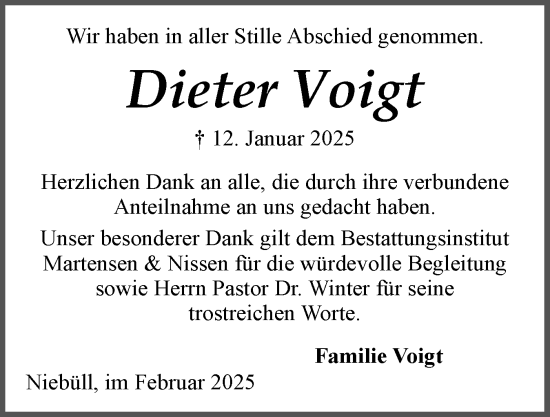 Traueranzeige von Dieter Voigt von Husumer Nachrichten, Nordfriesland Tageblatt