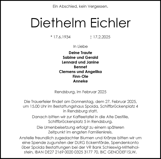 Traueranzeige von Diethelm Eichler von Schleswig-Holsteinische Landeszeitung