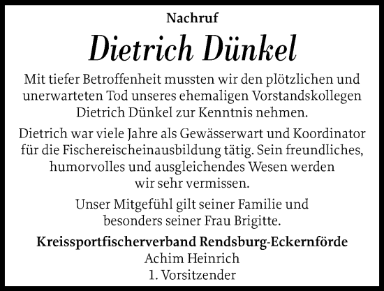 Traueranzeige von Dietrich Dünkel von Schleswig-Holsteinische Landeszeitung