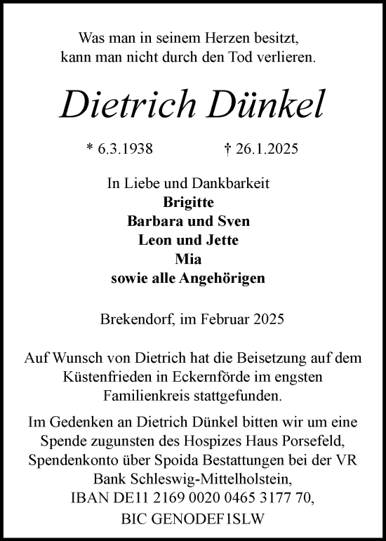Traueranzeige von Dietrich Dünkel von Schleswig-Holsteinische Landeszeitung