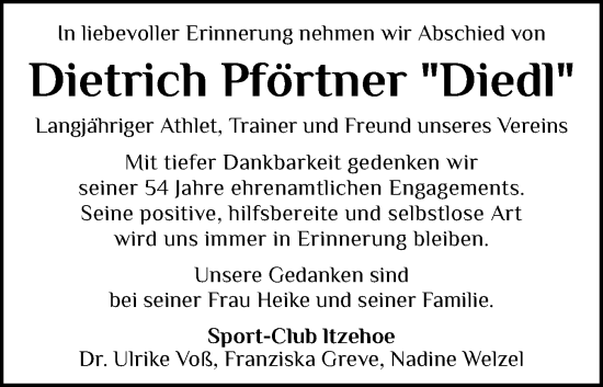Traueranzeige von Dietrich Pförtner von Norddeutsche Rundschau, Wilstersche Zeitung, Glückstädter Fortuna