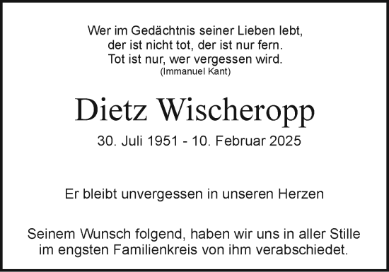Traueranzeige von Dietz Wischeropp von Holsteinischer Courier