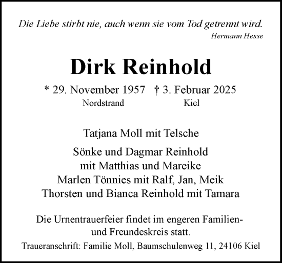 Traueranzeige von Dirk Reinhold von Husumer Nachrichten, Nordfriesland Tageblatt