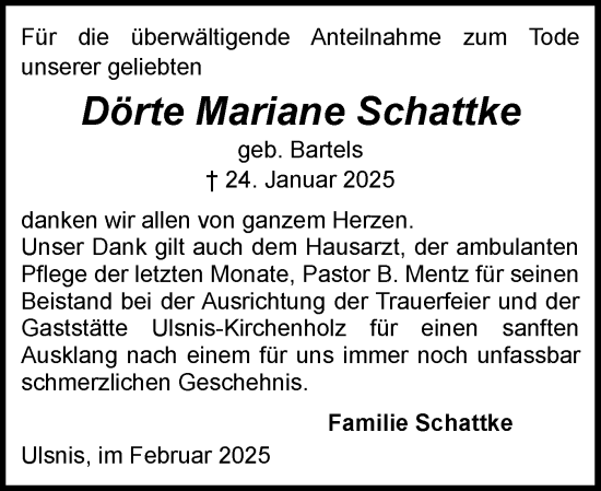 Traueranzeige von Dörte Mariane Schattke von Schleswiger Nachrichten, Schlei-Bote