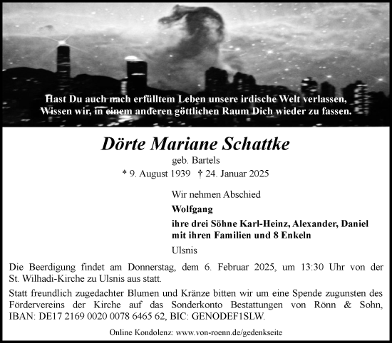 Traueranzeige von Dörte Mariane Schattke von Schleswiger Nachrichten, Schlei-Bote