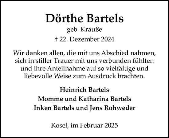 Traueranzeige von Dörthe Bartels von Eckernförder Zeitung, Hallo Eckernförde