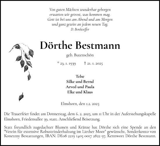 Traueranzeige von Dörthe Bestmann von Elmshorner Nachrichten, Barmstedter Zeitung