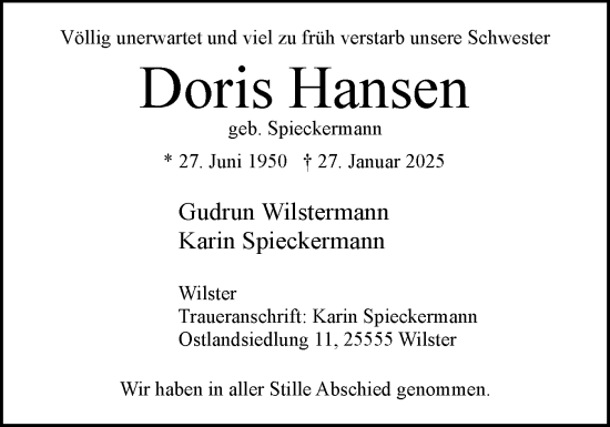 Traueranzeige von Doris Hansen von Norddeutsche Rundschau, Wilstersche Zeitung, Glückstädter Fortuna