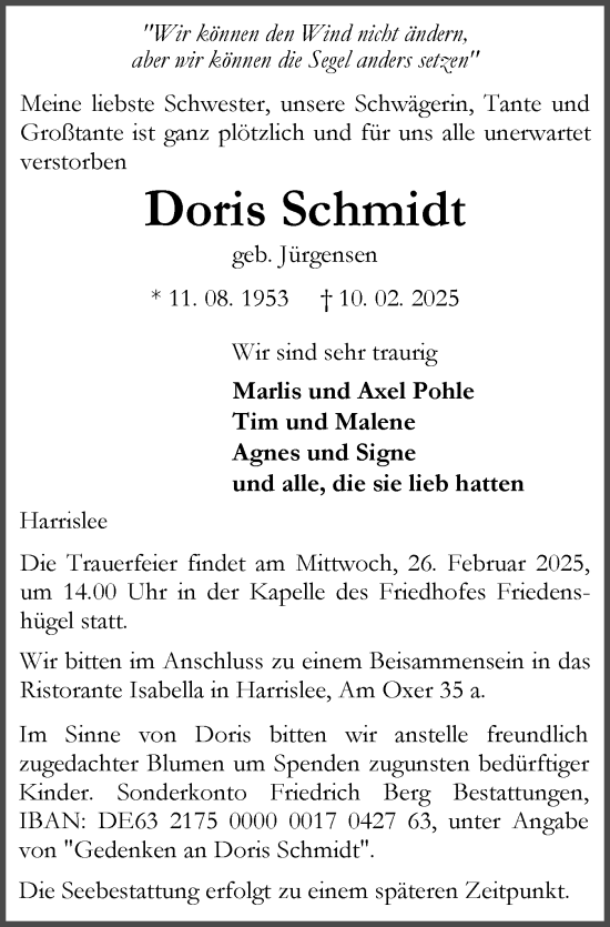 Traueranzeige von Doris Schmidt von Flensburger Tageblatt