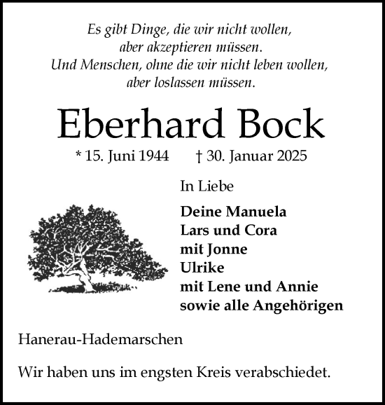 Traueranzeige von Eberhard Bock von Schleswig-Holsteinische Landeszeitung