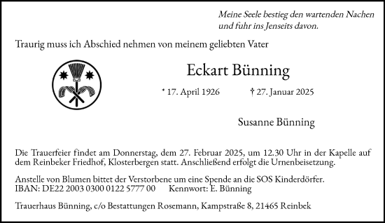 Traueranzeige von Eckart Bünning von MARKT Glinde/Reinfeld