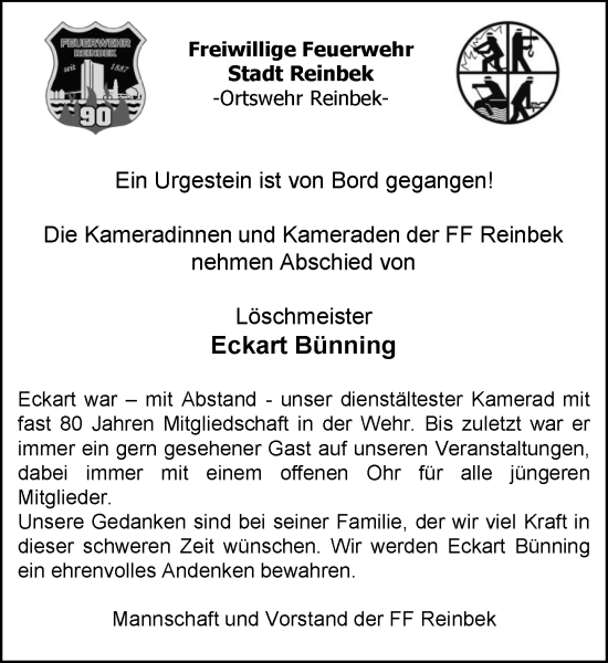 Traueranzeige von Eckart Bünning von MARKT Glinde/Reinfeld