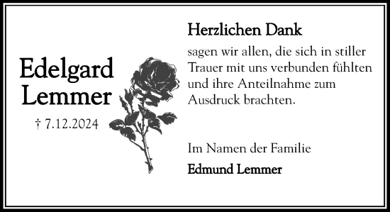 Traueranzeige von Edelgard Lemmer von MARKT Ratzeburg/Mölln