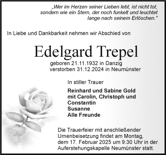 Traueranzeige von Edelgard Trepel von Holsteinischer Courier