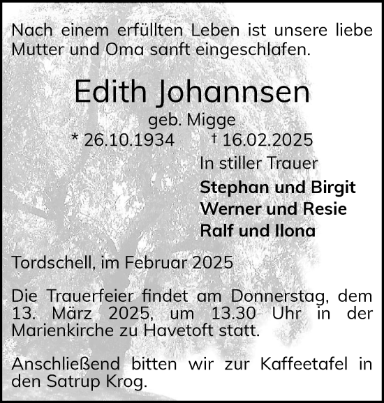 Traueranzeige von Edith Johannsen von Flensburger Tageblatt, Schleswiger Nachrichten, Schlei-Bote